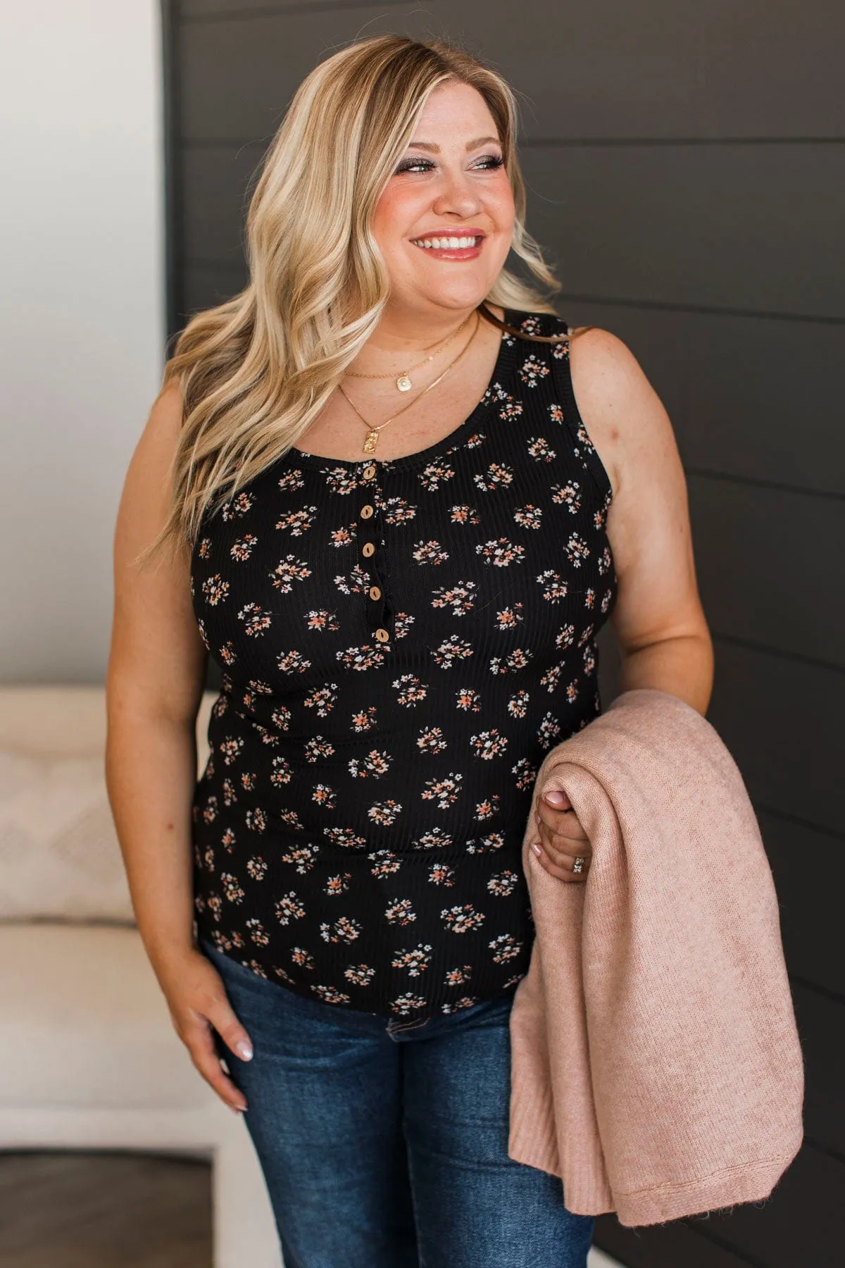 Bountiful Smiles Floral Tank Top- Black