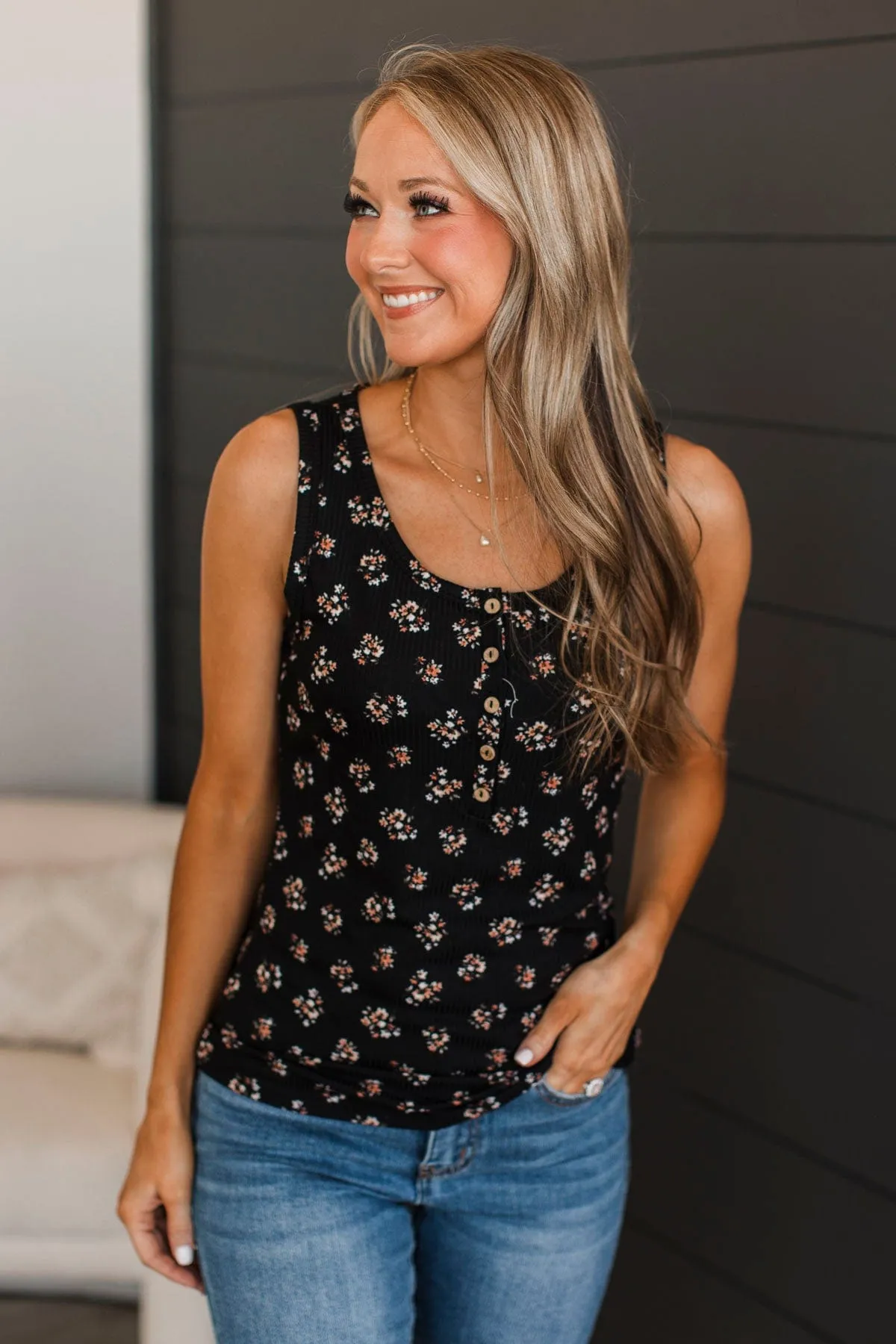 Bountiful Smiles Floral Tank Top- Black