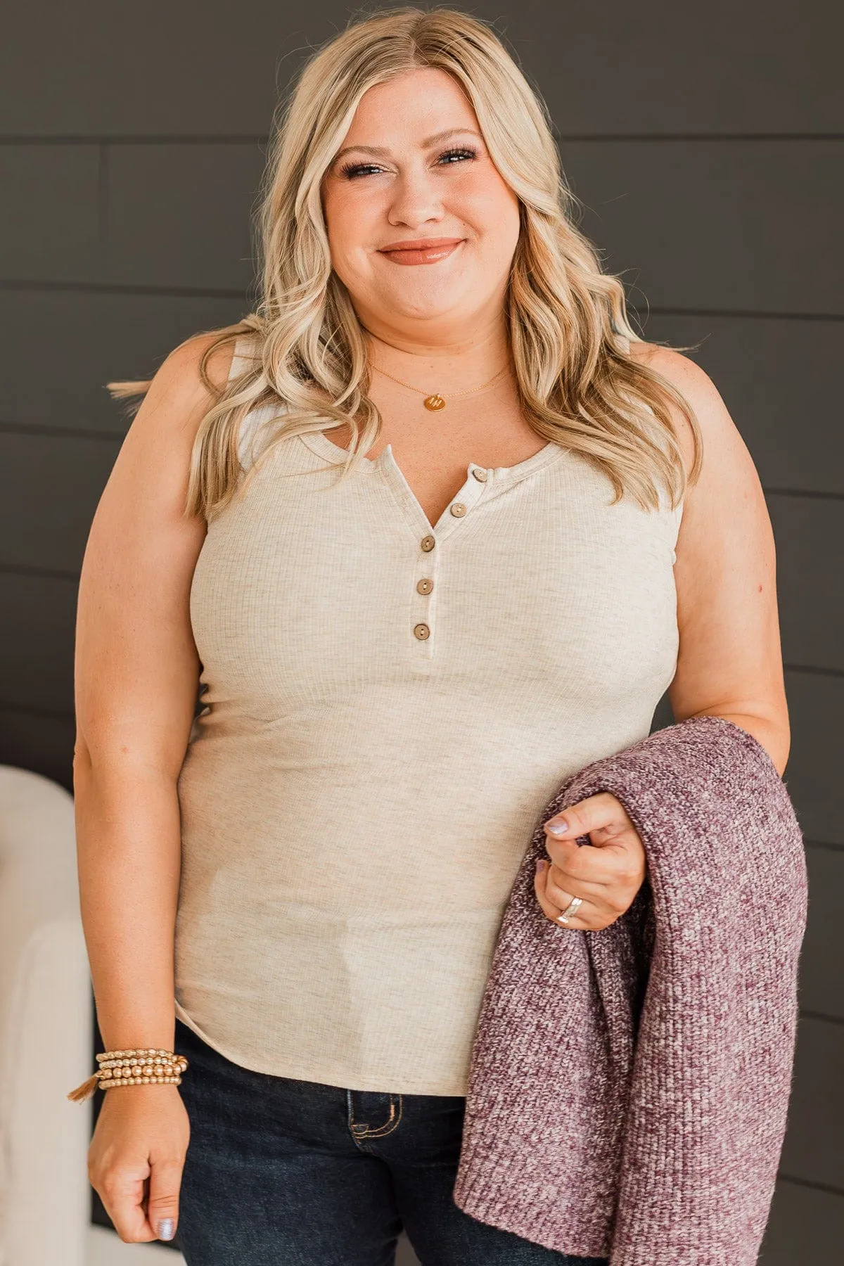 Bountiful Smiles Knit Tank Top- Oatmeal