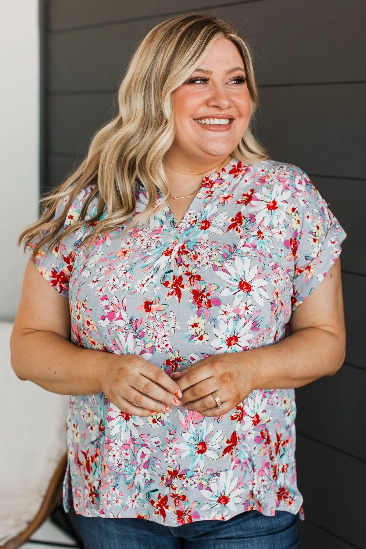 Can't Let Go Floral Top- Grey