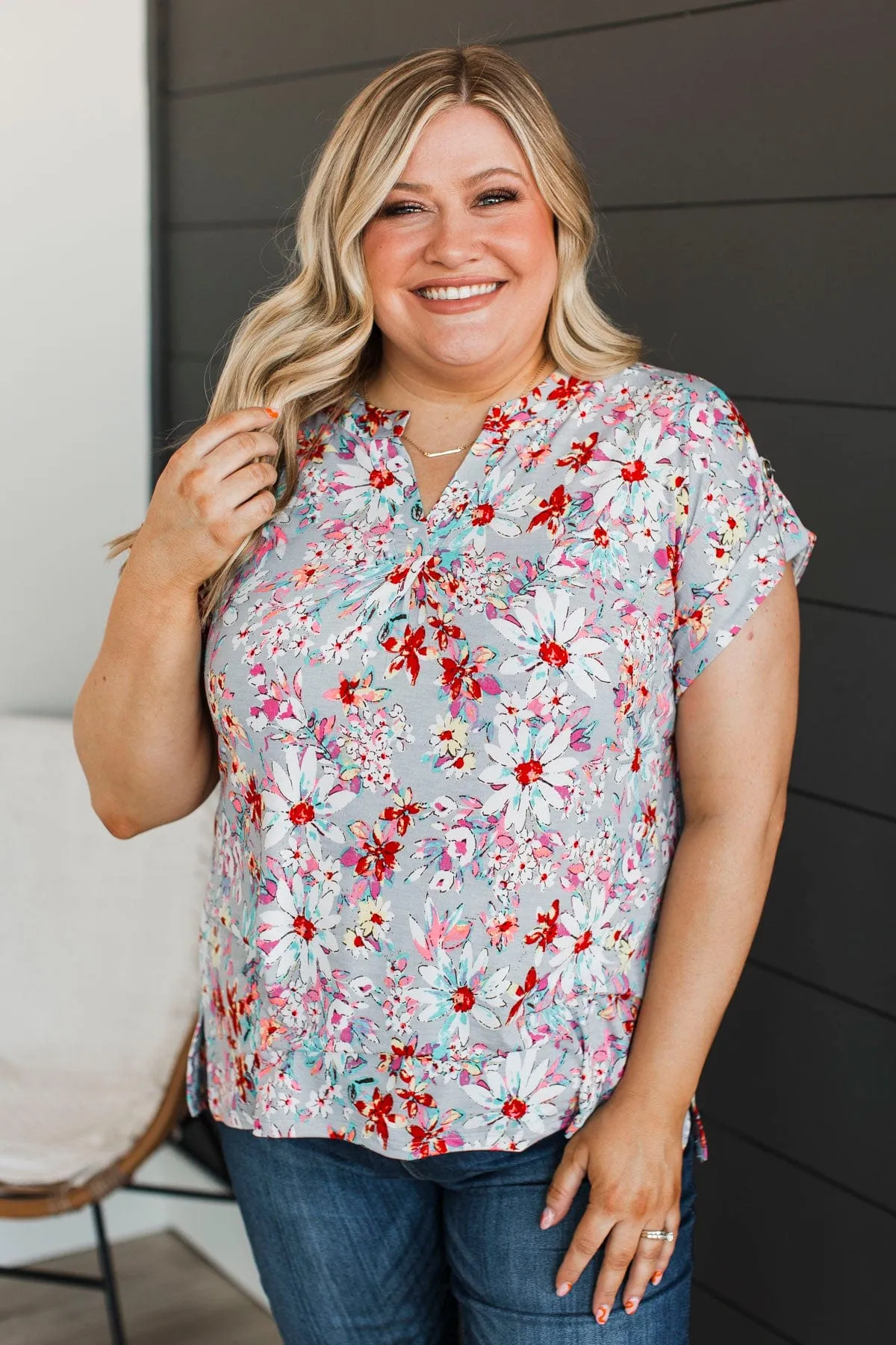 Can't Let Go Floral Top- Grey