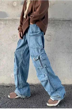 Cargo Multi Pockets Straight Blue Long Pants