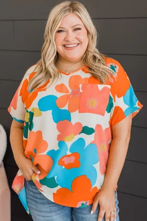 Cascade Of Color Floral Top- Ivory & Orange