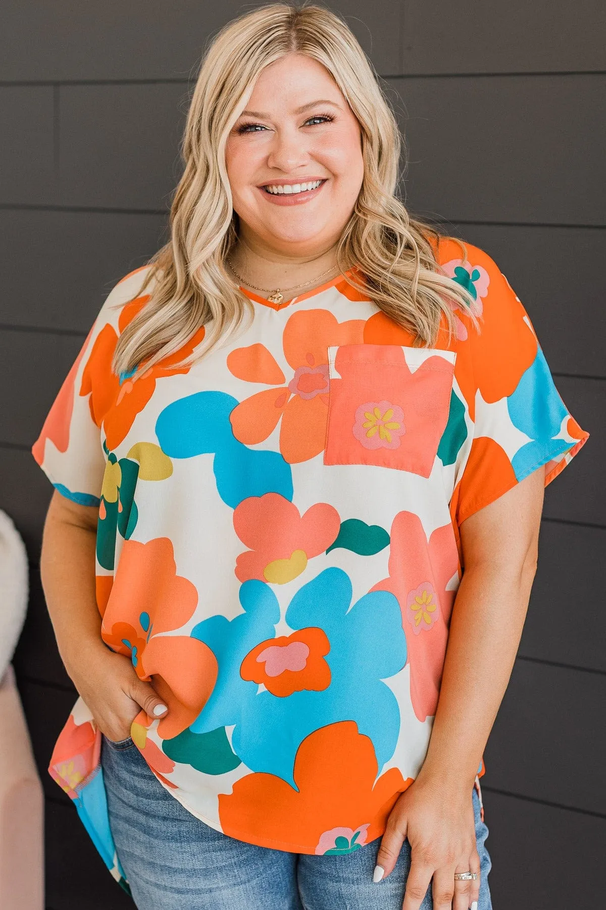 Cascade Of Color Floral Top- Ivory & Orange