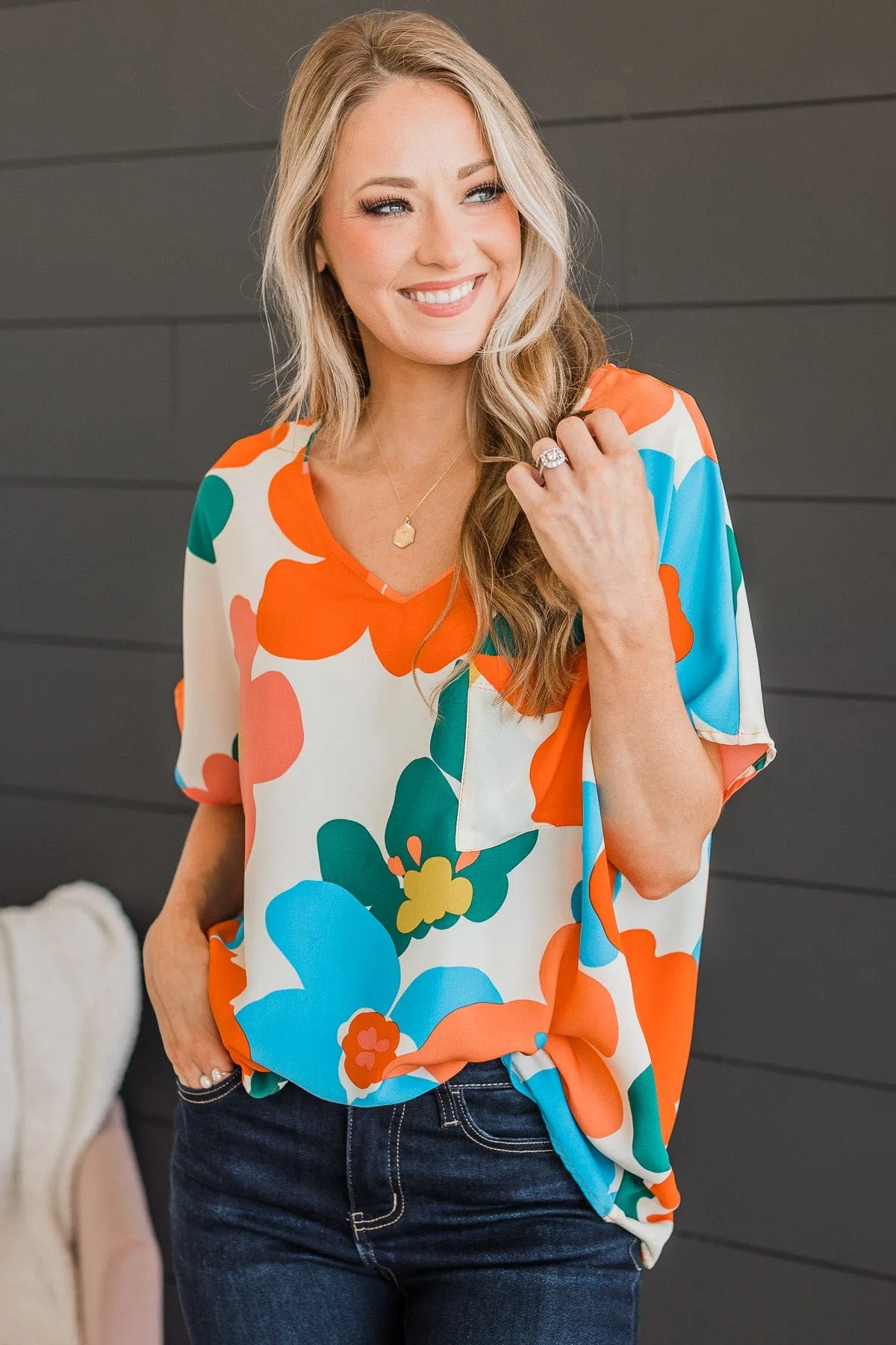 Cascade Of Color Floral Top- Ivory & Orange