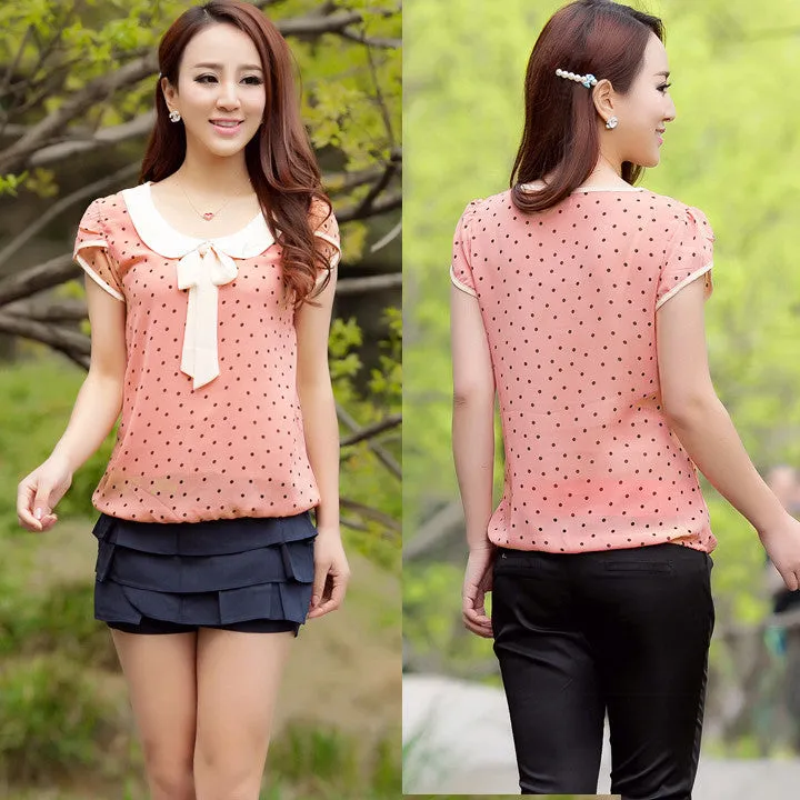 Casual Chiffon Shirts Dot Doll Collar Short Sleeve Tops Blouse Women Solid Tops Plus Size Loose M-2XL 62