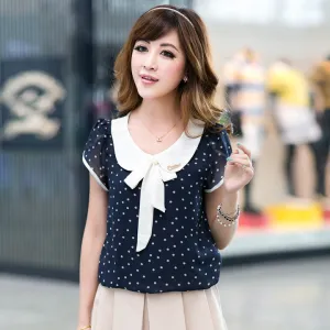 Casual Chiffon Shirts Dot Doll Collar Short Sleeve Tops Blouse Women Solid Tops Plus Size Loose M-2XL 62
