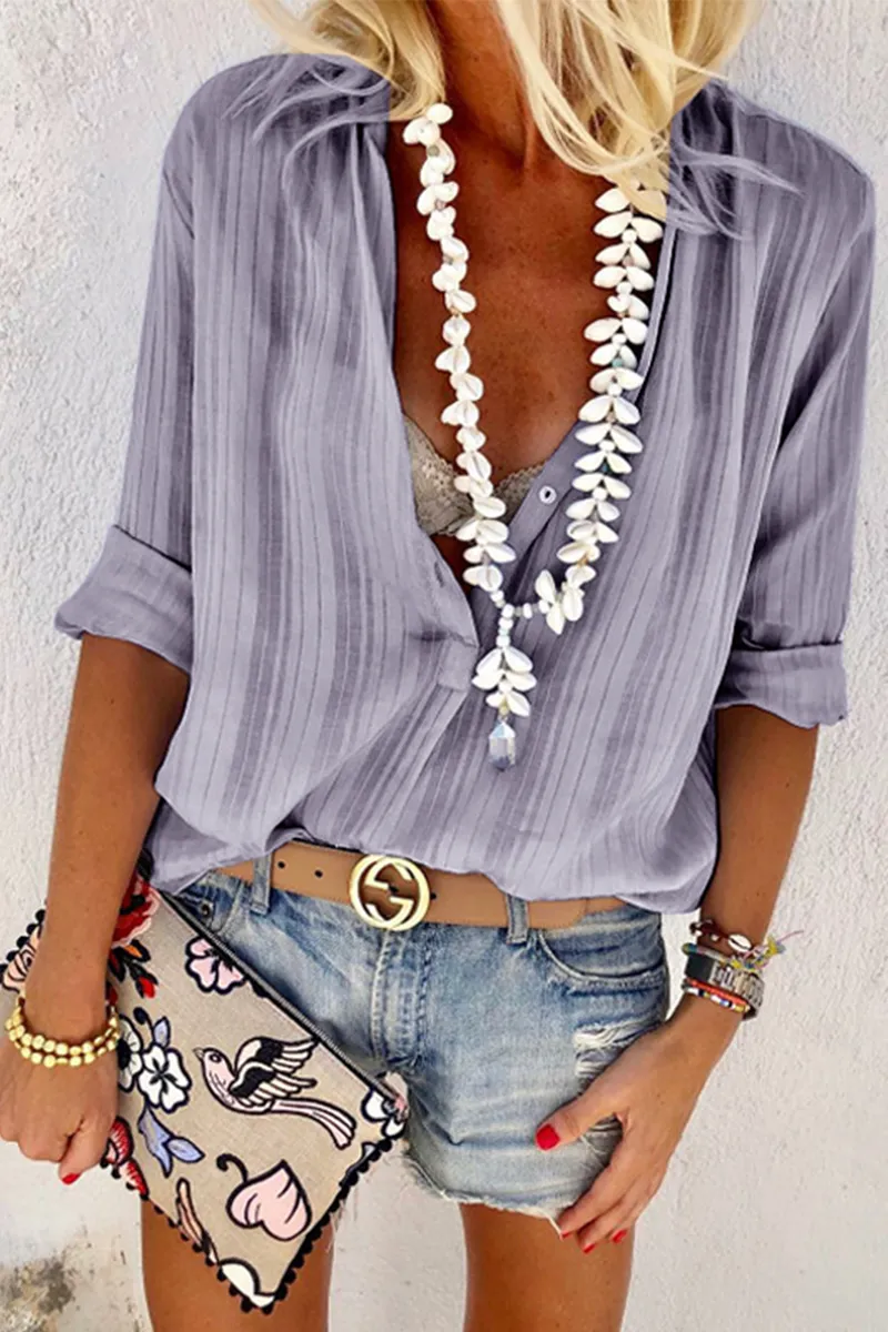 Casual V Neck Button Blouse Tops(2 Colors)