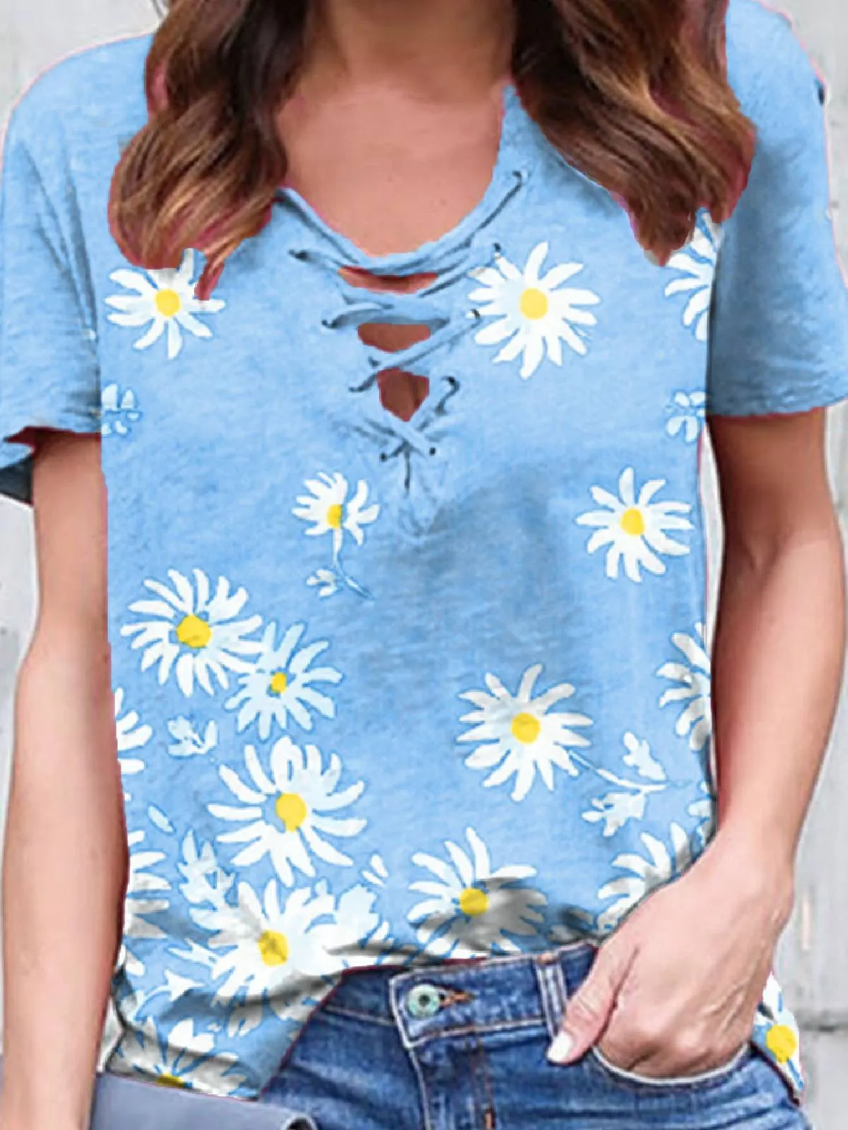 Casual V Neck Floral Short Sleeve Shirts & Tops