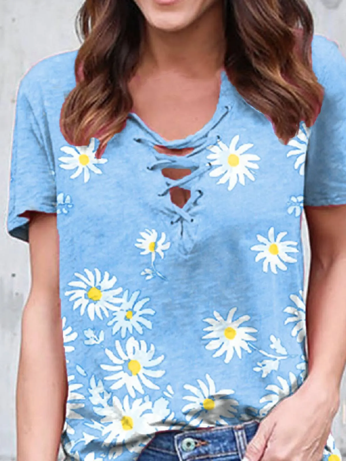 Casual V Neck Floral Short Sleeve Shirts & Tops