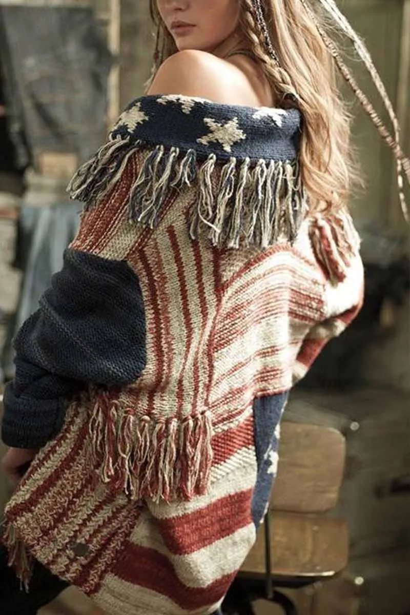 Chicindress Contrast Star Stripe Knitted Cardigan