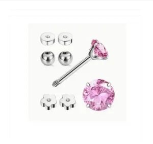 Children's Earrings:  Surgical Steel 4mm Pink CZ Studs with Flower Screw Backs   2 Sets of Spare Screw Backs