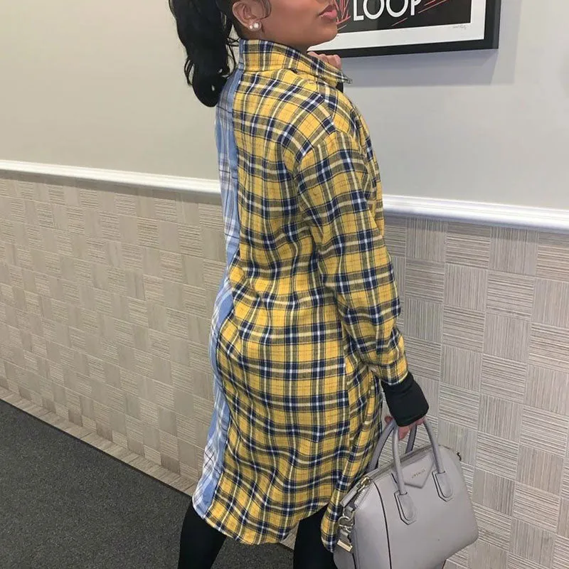 Colorblock Plaid Pattern Long Sleeve Button Detailed Blouse