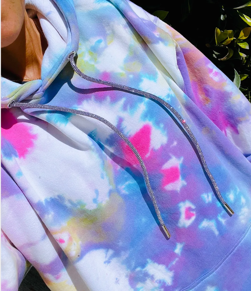 Cotton Candy Embellished Crystal Drawstring Tie Dye Hoodie