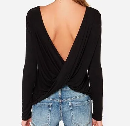 Cross Backless Long sleeved Women Tops Casual Large size
