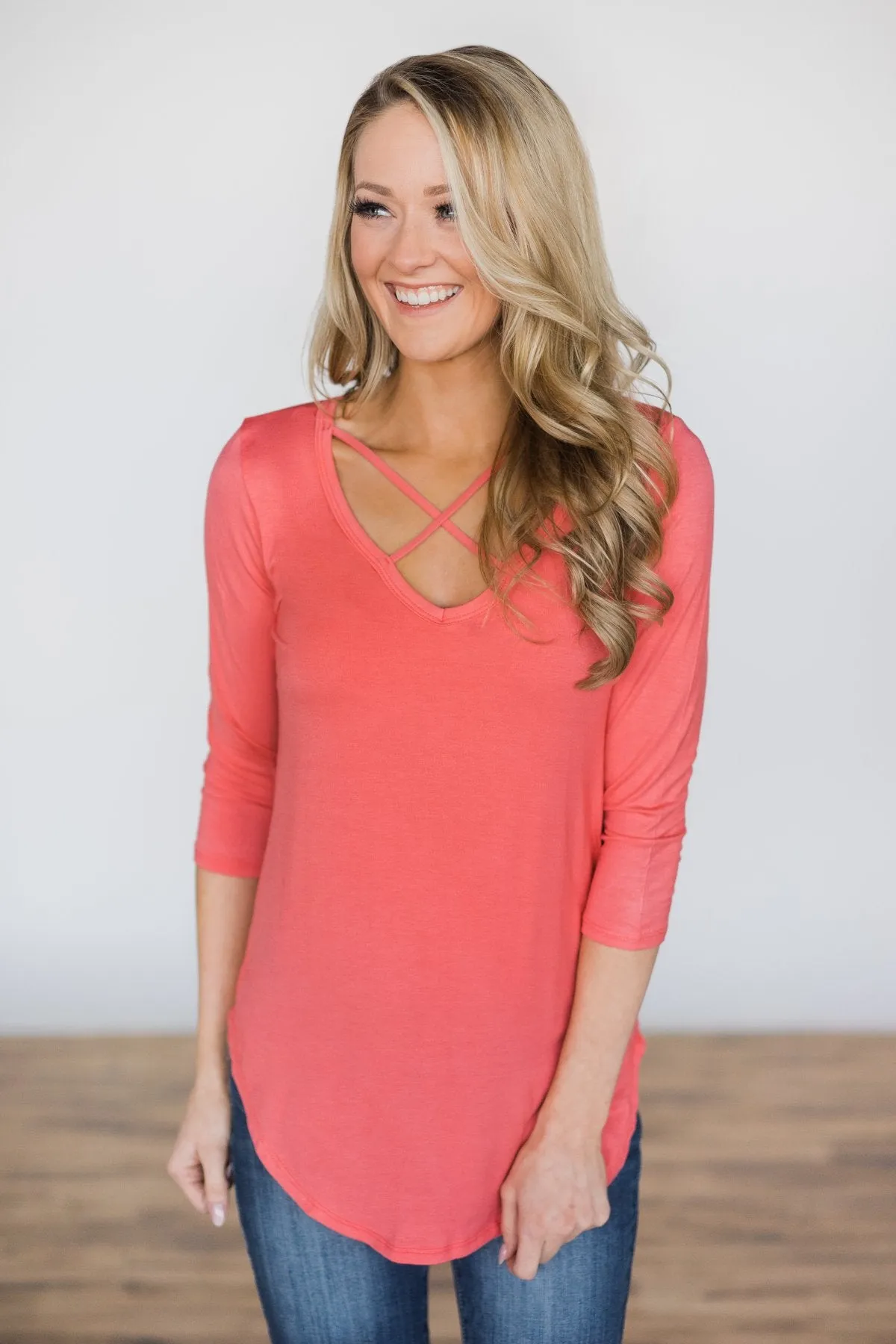 Cross It Off 3/4 Sleeve Top- Pink Lemonade