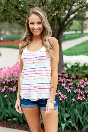 Cute & Colorful Striped Button Tank- Multi-Color