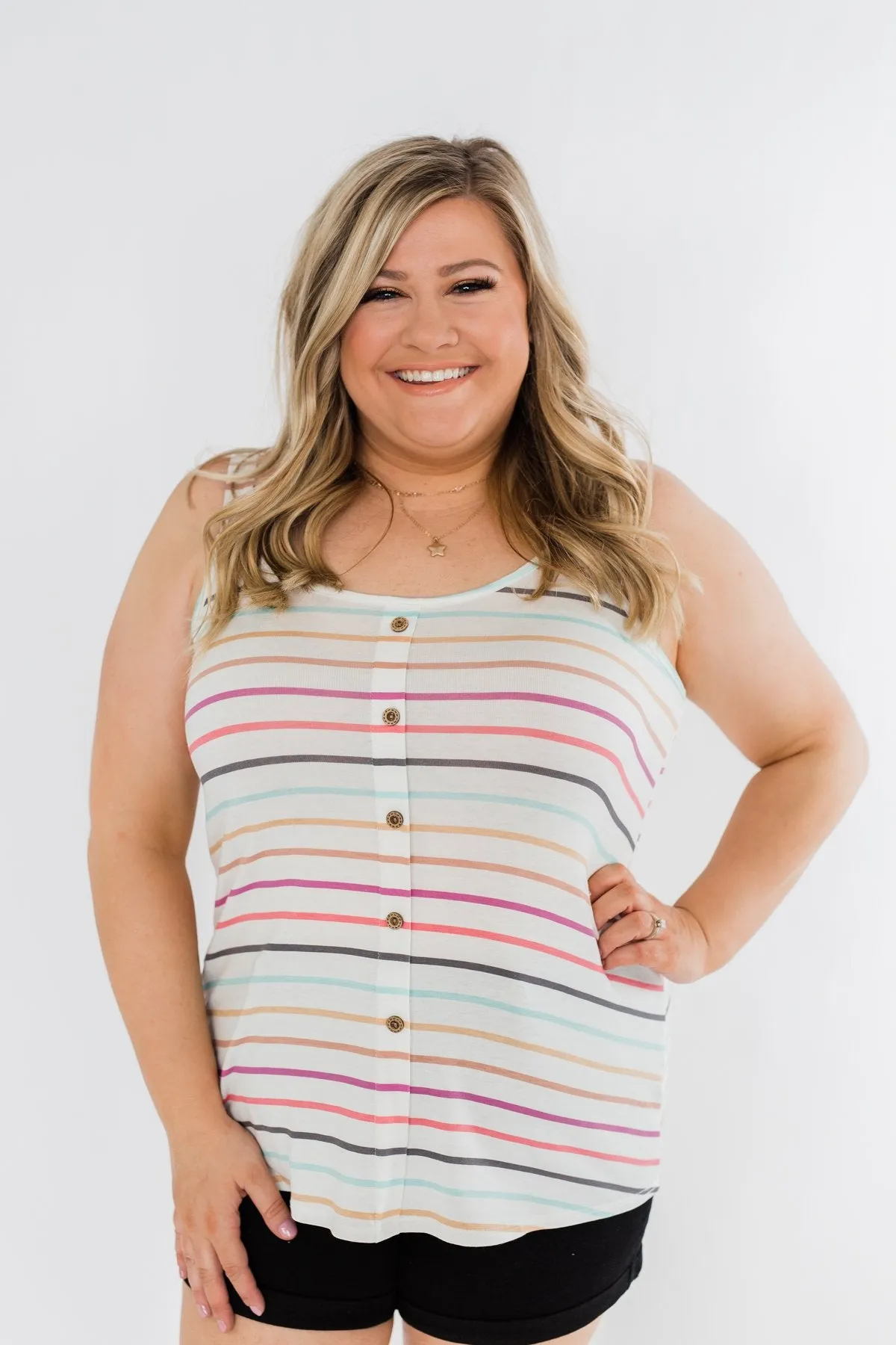 Cute & Colorful Striped Button Tank- Multi-Color