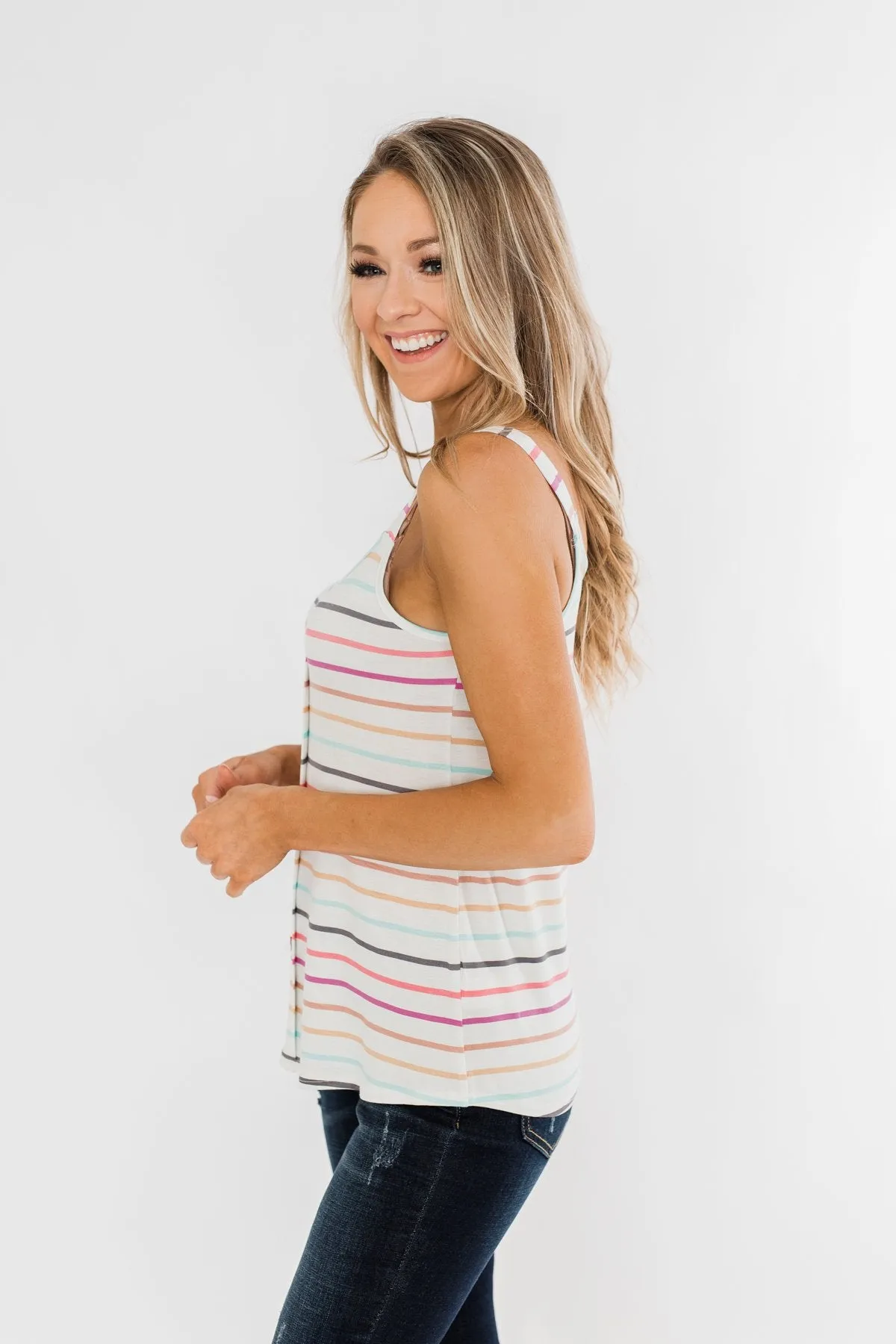 Cute & Colorful Striped Button Tank- Multi-Color