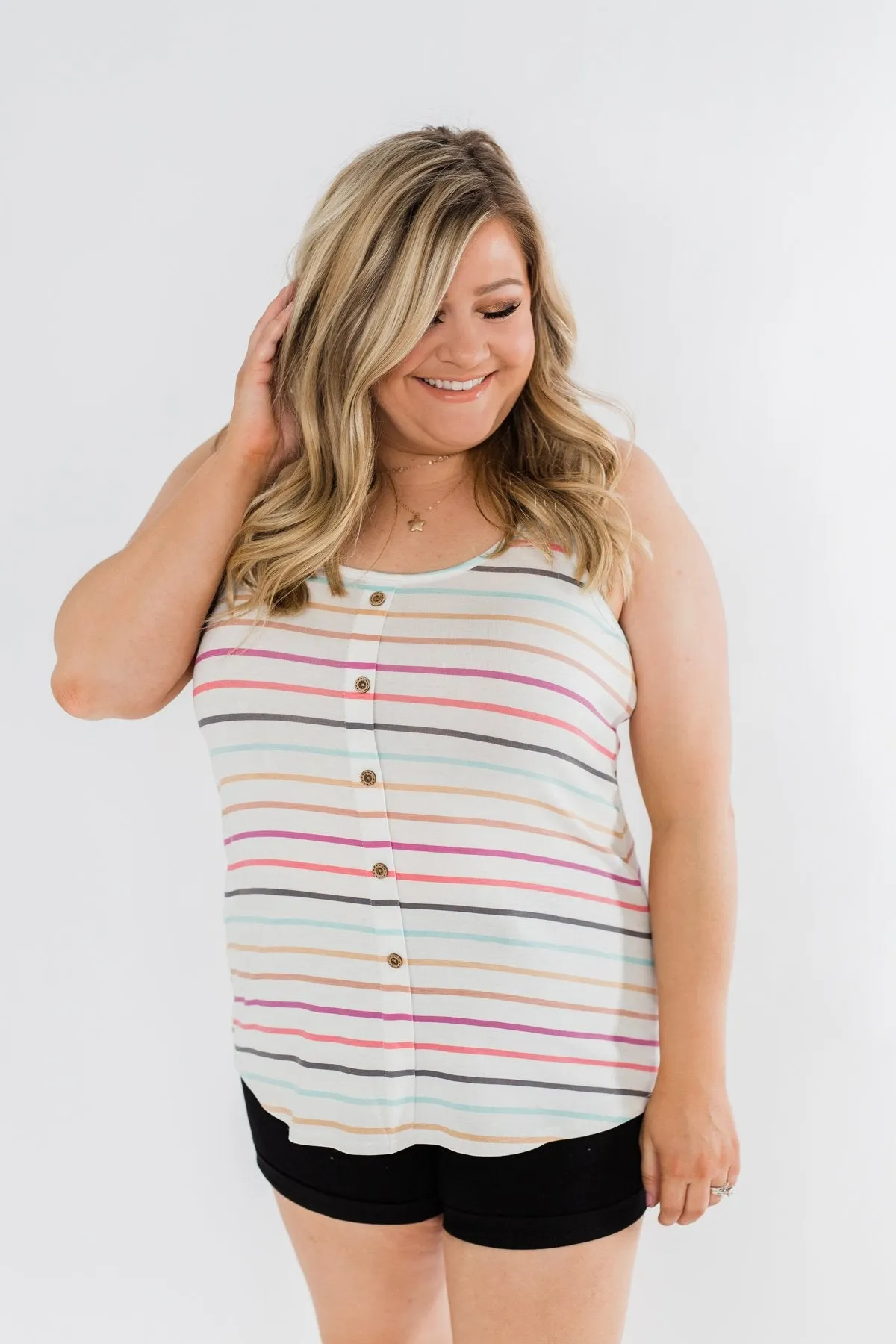 Cute & Colorful Striped Button Tank- Multi-Color