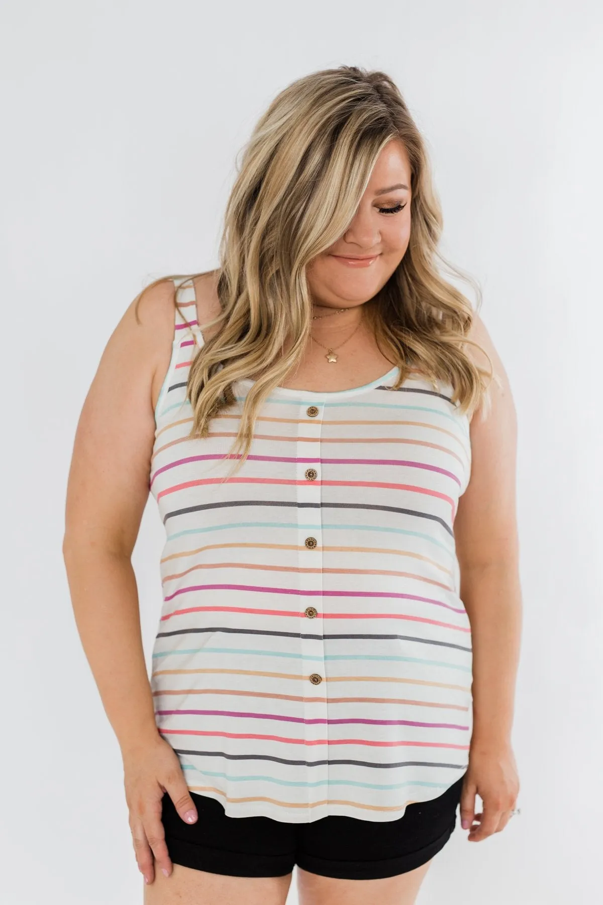 Cute & Colorful Striped Button Tank- Multi-Color