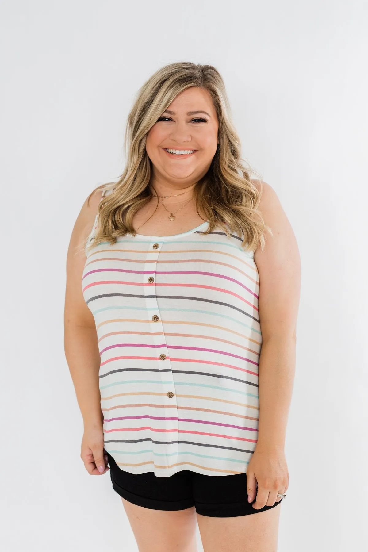 Cute & Colorful Striped Button Tank- Multi-Color