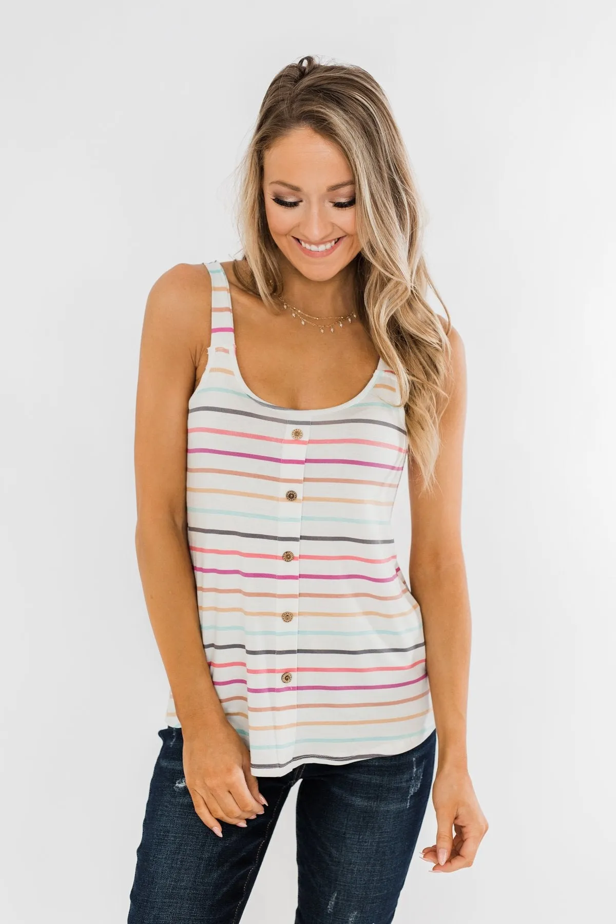 Cute & Colorful Striped Button Tank- Multi-Color