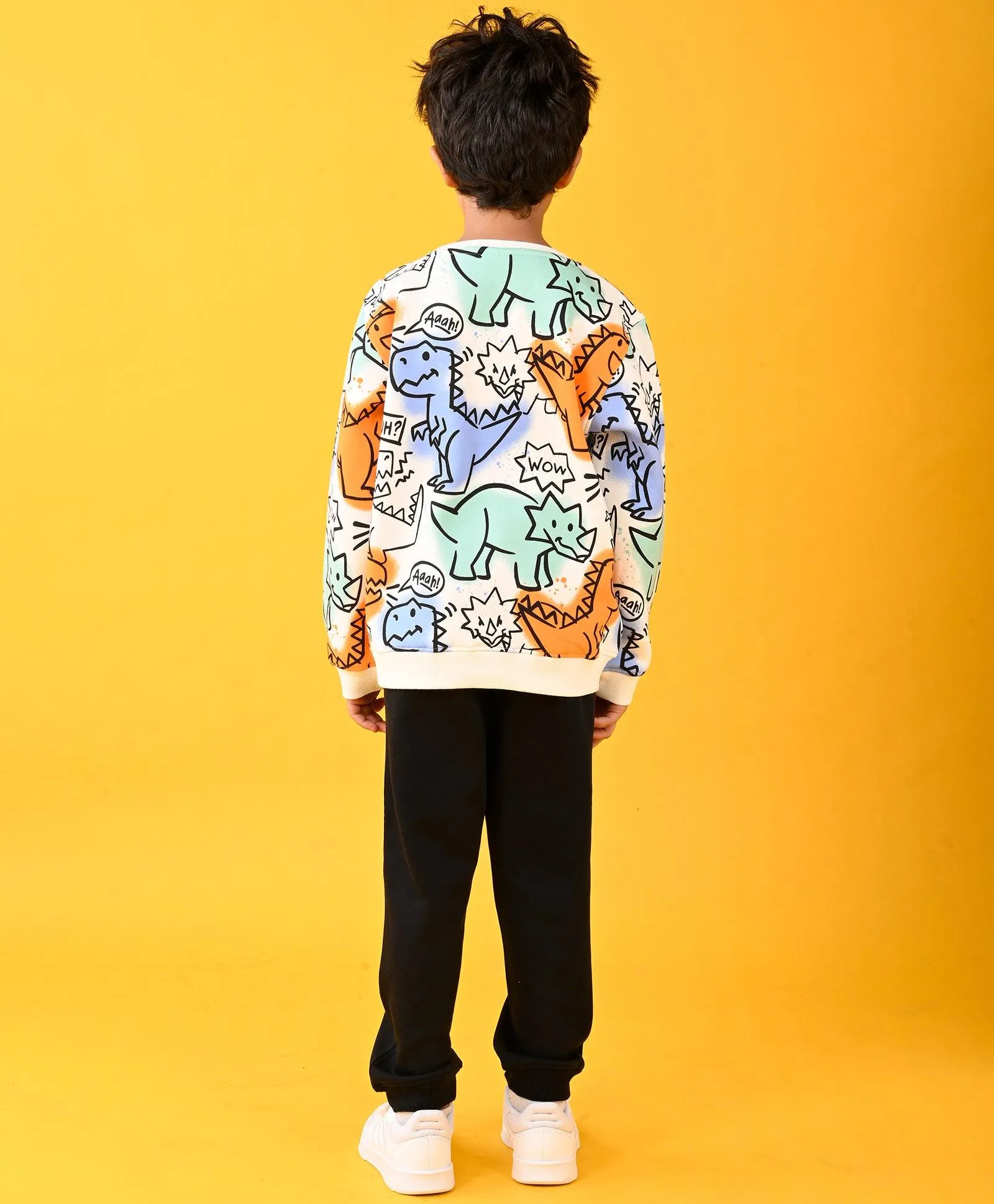 DINOSAUR WOW SWEATSHIRT AND BLACK FLEECE JOGGER SET - WHITE/BLACK