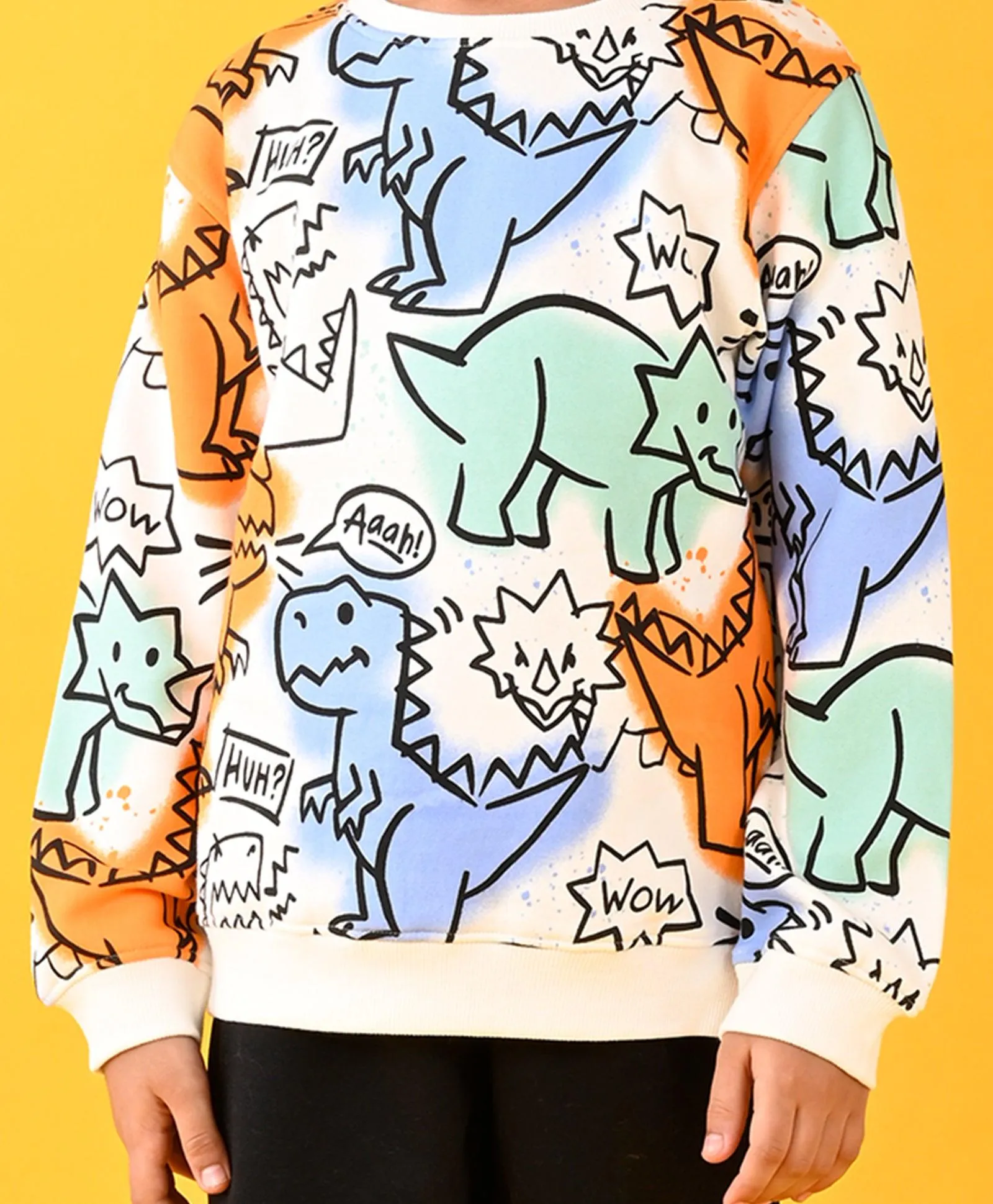 DINOSAUR WOW SWEATSHIRT AND BLACK FLEECE JOGGER SET - WHITE/BLACK
