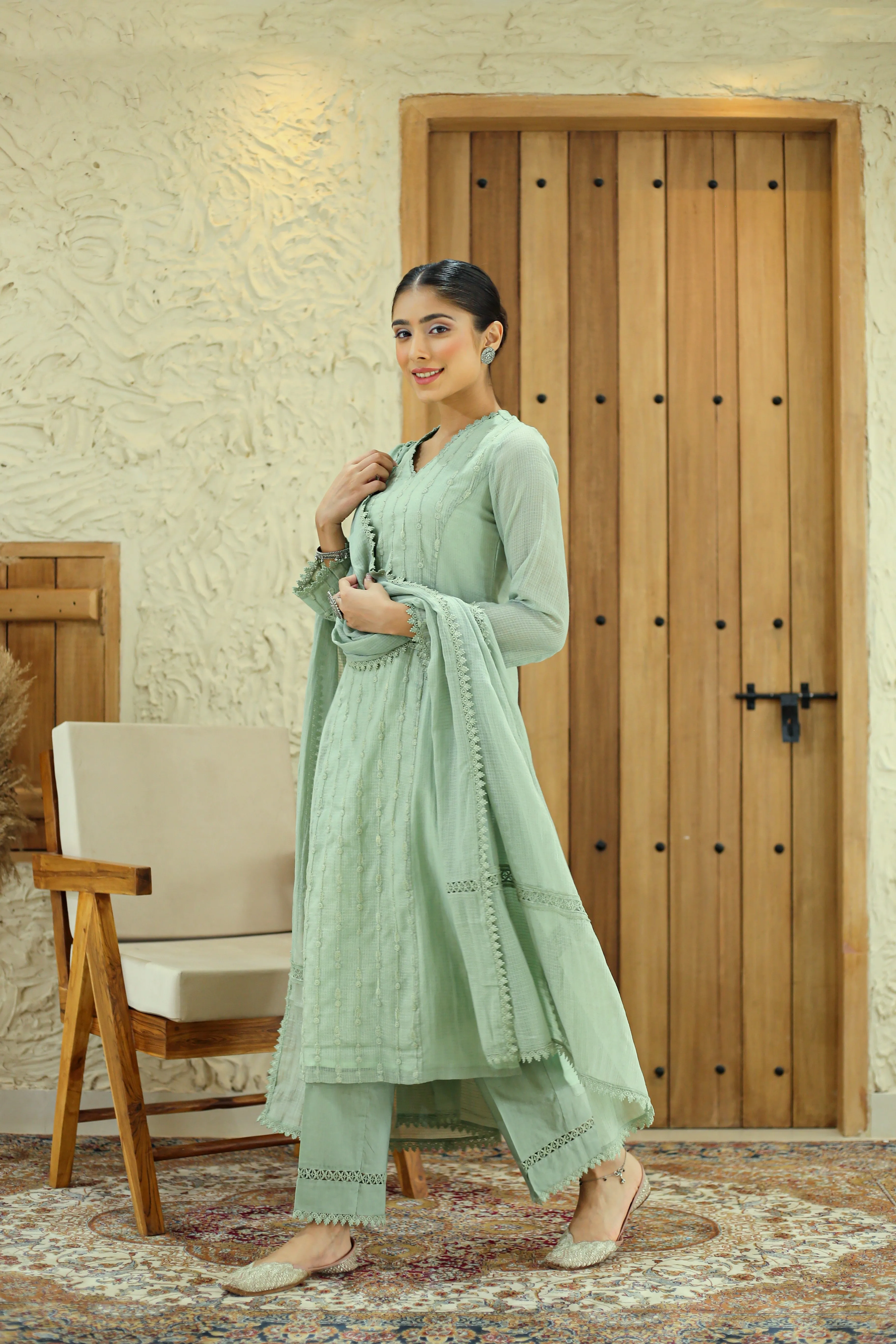 Dusty Green Kota Embroidered Ready To Wear Kurta Set With Pant and Dupatta