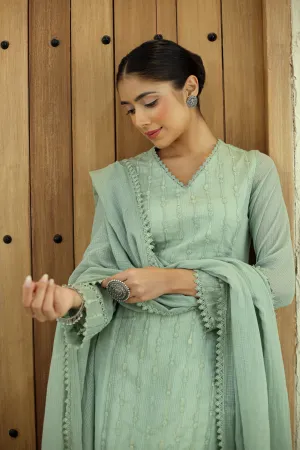 Dusty Green Kota Embroidered Ready To Wear Kurta Set With Pant and Dupatta