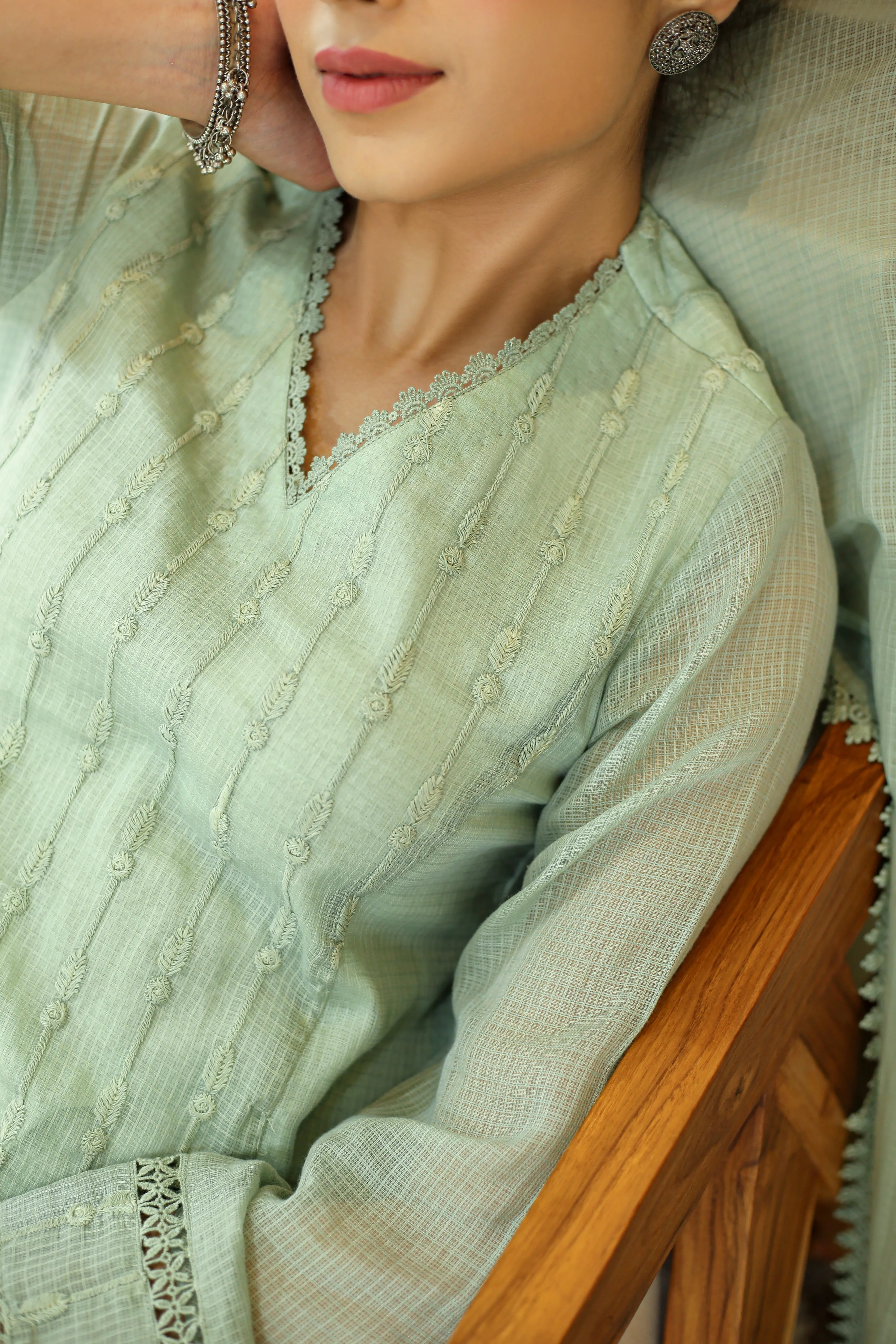 Dusty Green Kota Embroidered Ready To Wear Kurta Set With Pant and Dupatta
