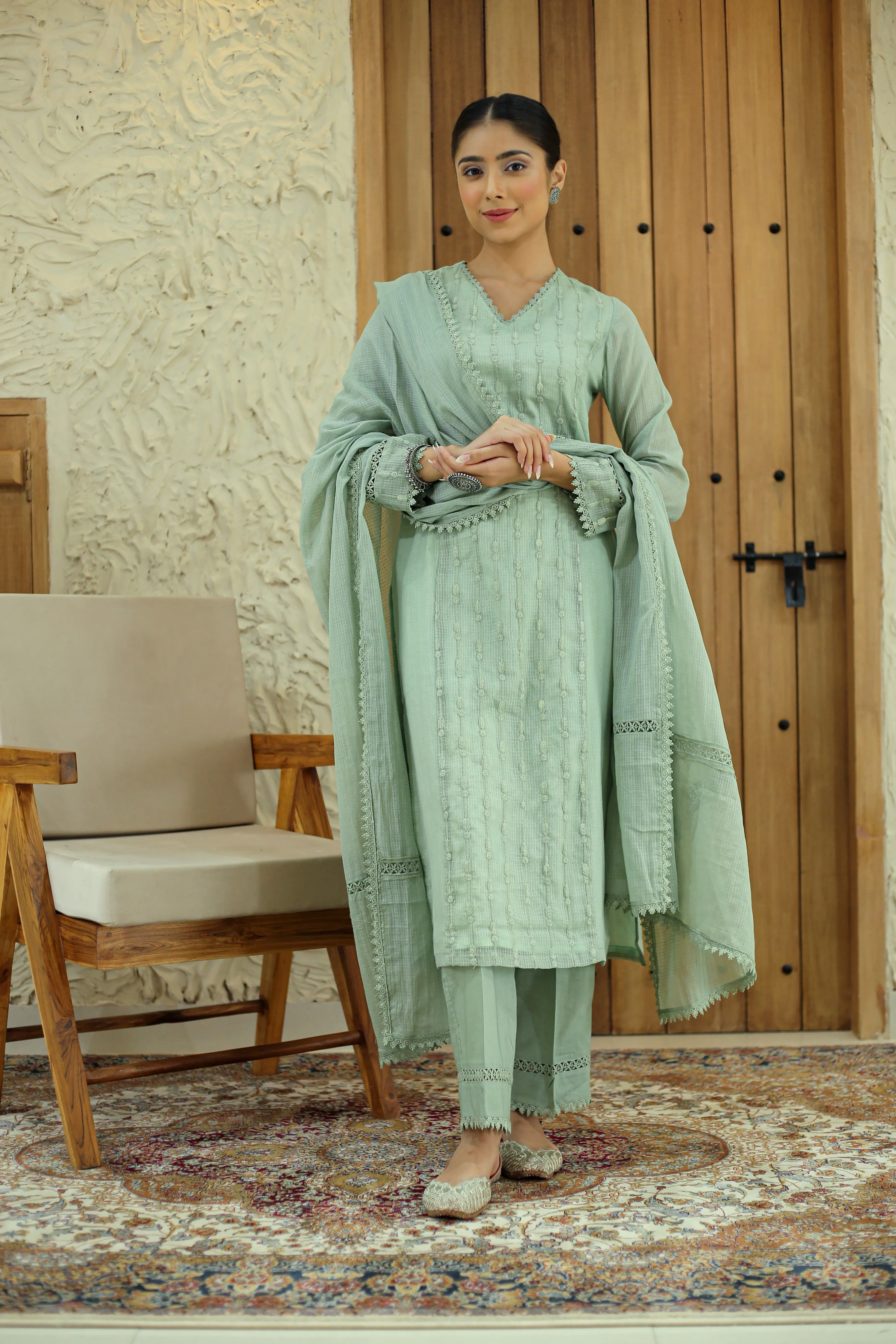 Dusty Green Kota Embroidered Ready To Wear Kurta Set With Pant and Dupatta