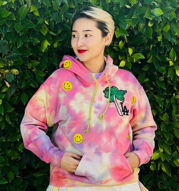 Embellished LA Palm Smiley Crystal Drawstring Tie Dye Hoodie