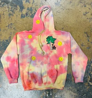 Embellished LA Palm Smiley Crystal Drawstring Tie Dye Hoodie