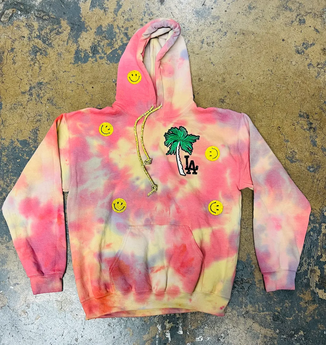 Embellished LA Palm Smiley Crystal Drawstring Tie Dye Hoodie