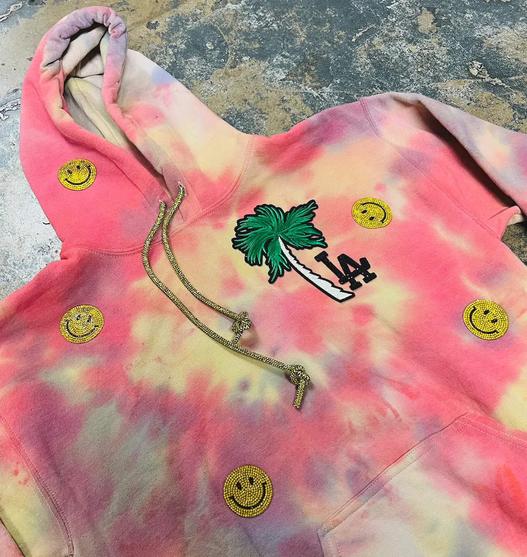 Embellished LA Palm Smiley Crystal Drawstring Tie Dye Hoodie