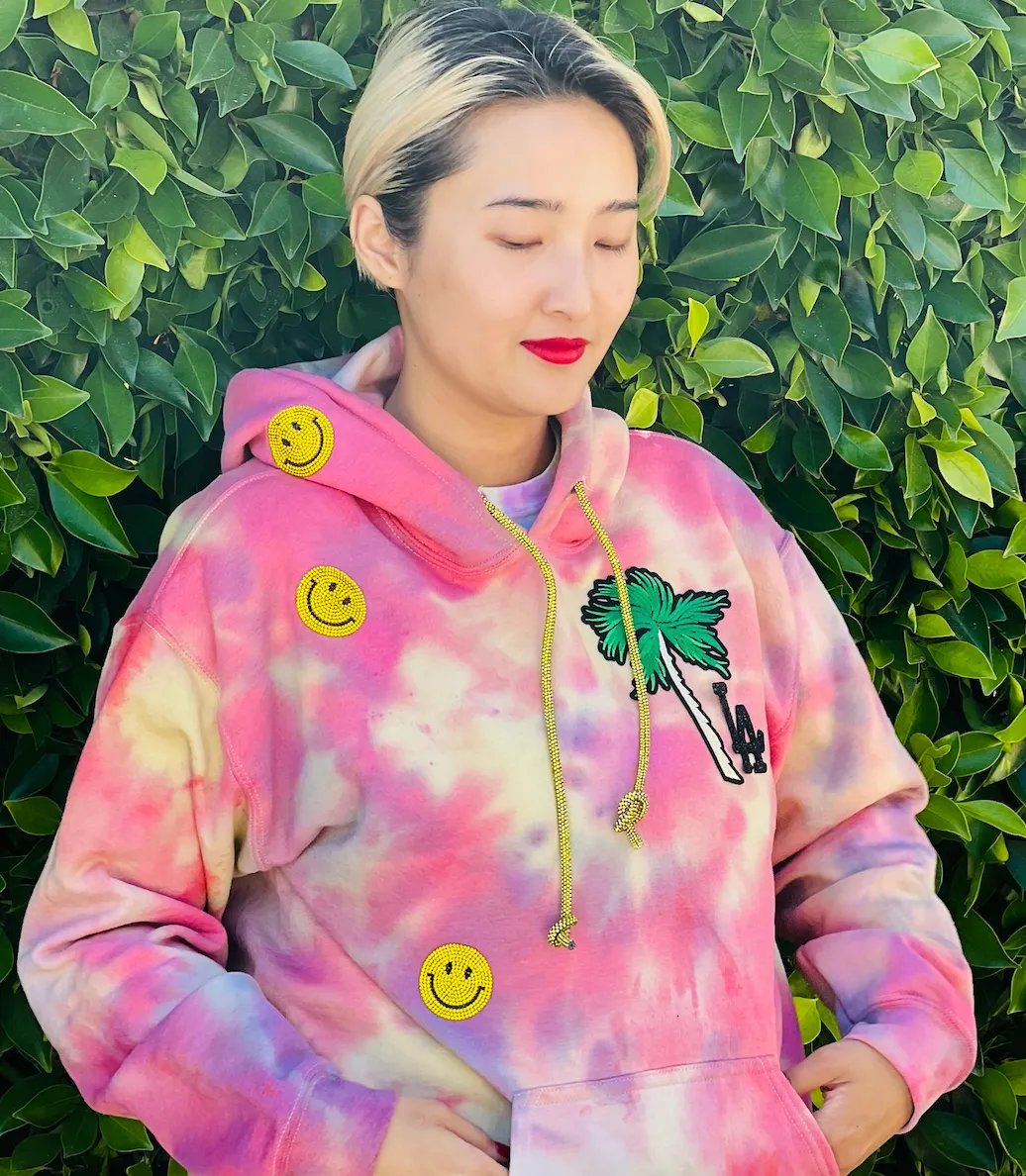 Embellished LA Palm Smiley Crystal Drawstring Tie Dye Hoodie