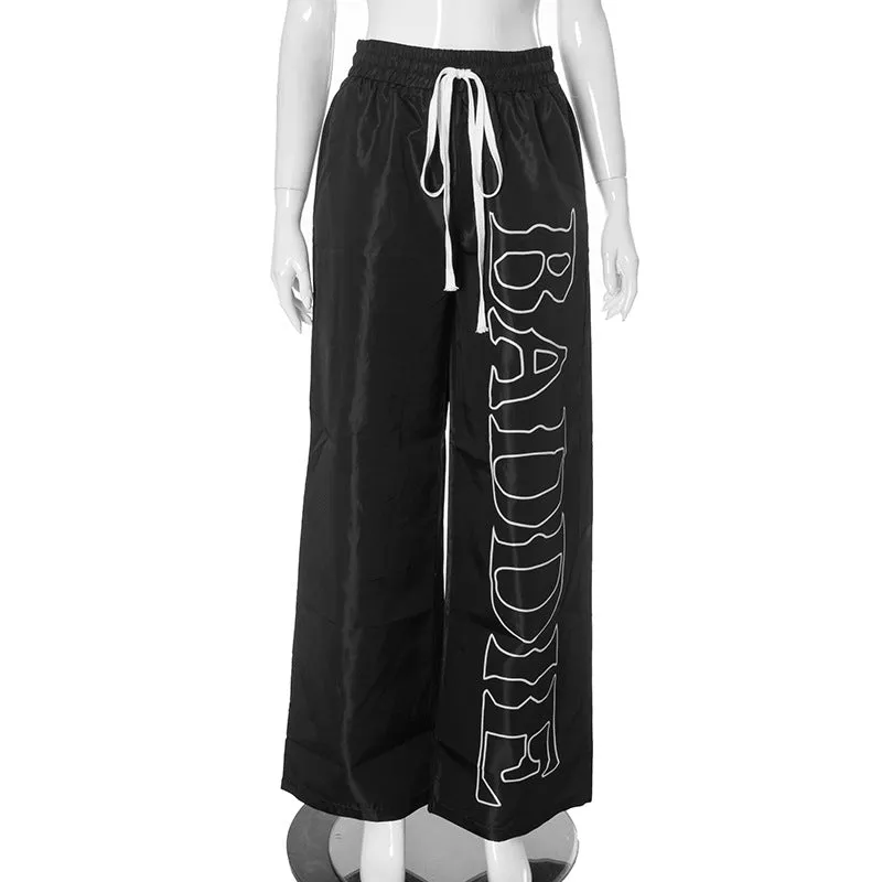 Fashion High Street Fashionable Hip Hop Style Letter Lace-up Loose Casual Pants
