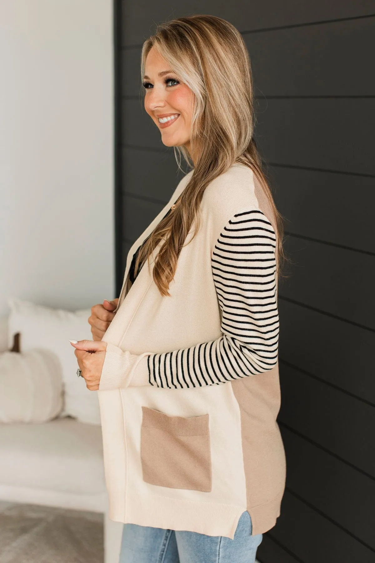 Find Me Here Open Front Cardigan- Taupe & Cream
