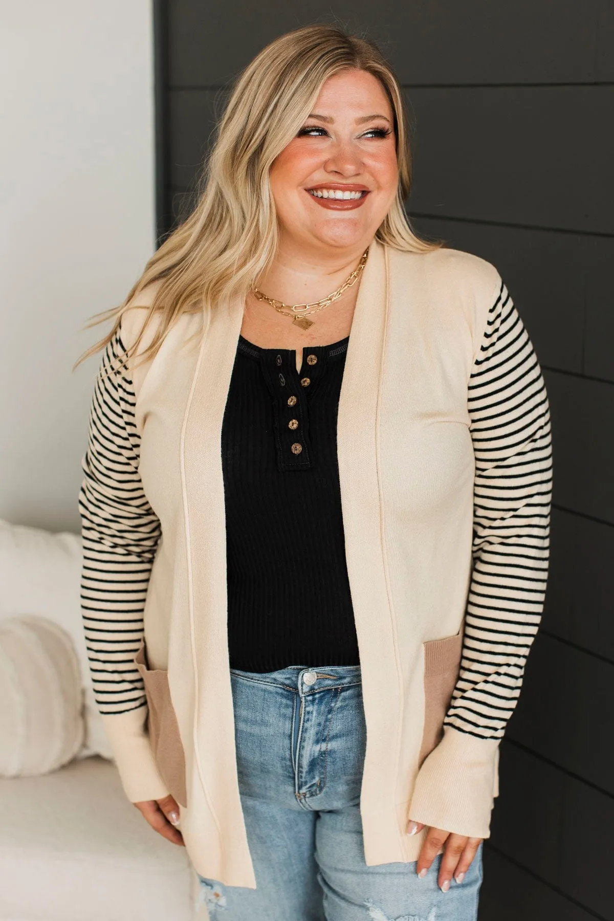Find Me Here Open Front Cardigan- Taupe & Cream