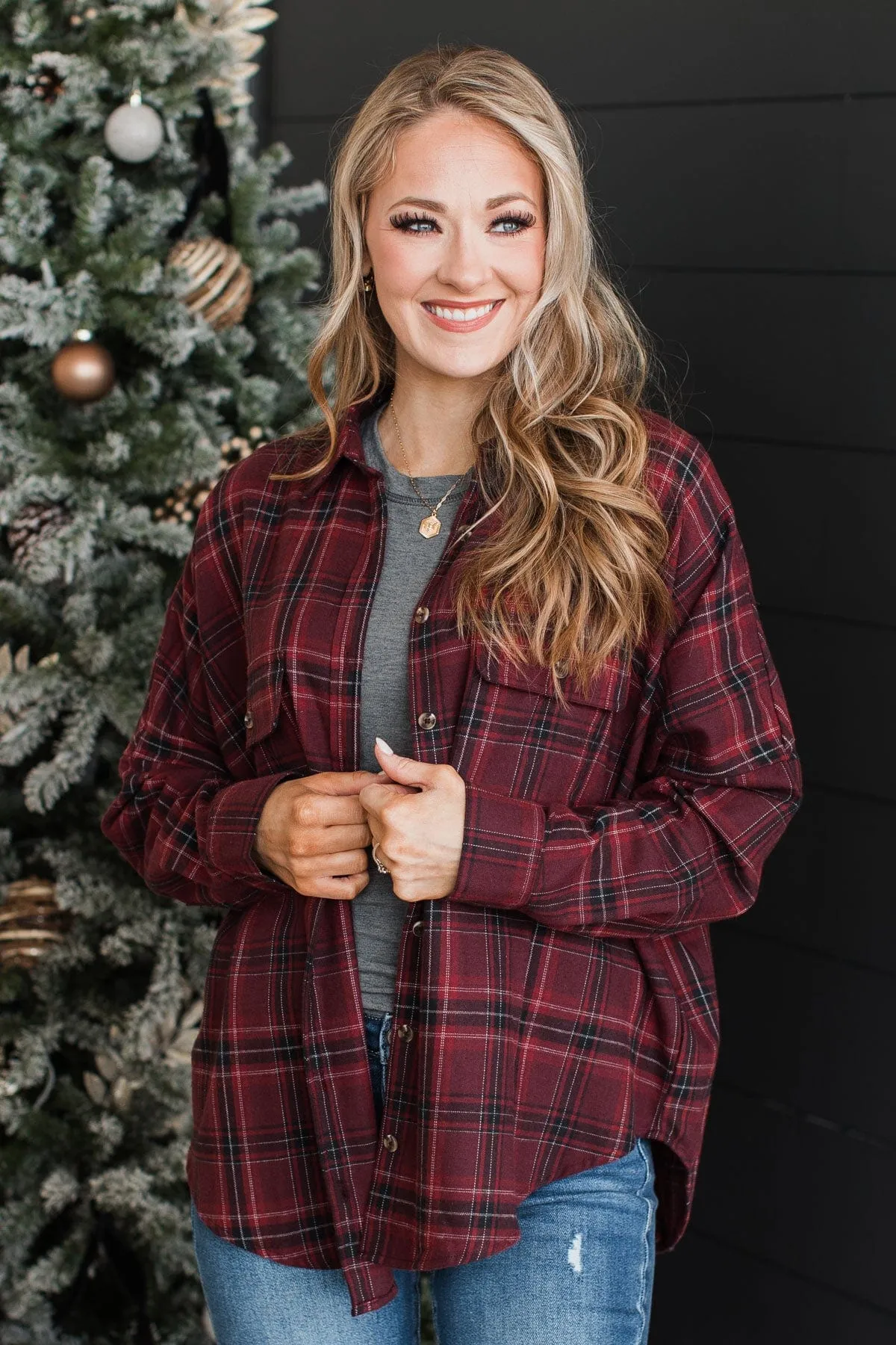Fit For Adventure Plaid Button Top- Burgundy