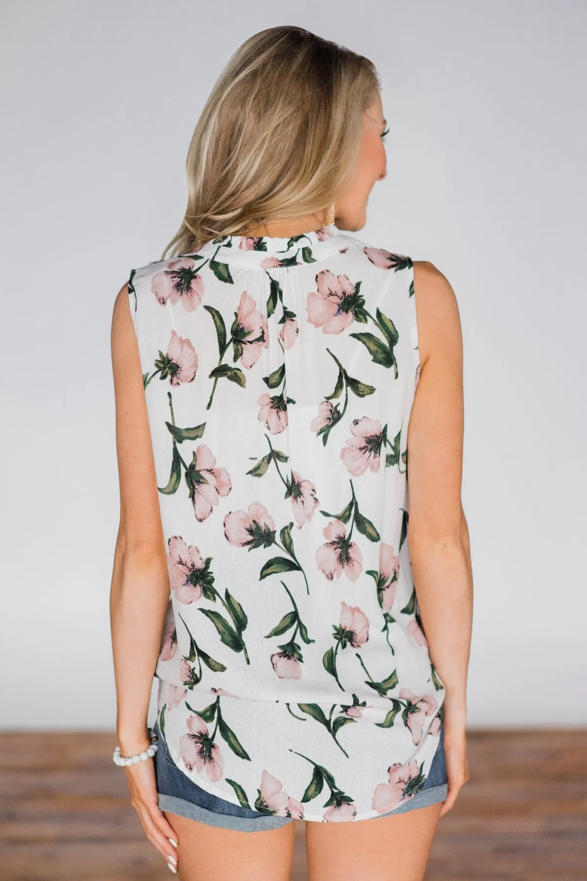Floral Finesse Neck Tie Tank Top- Ivory