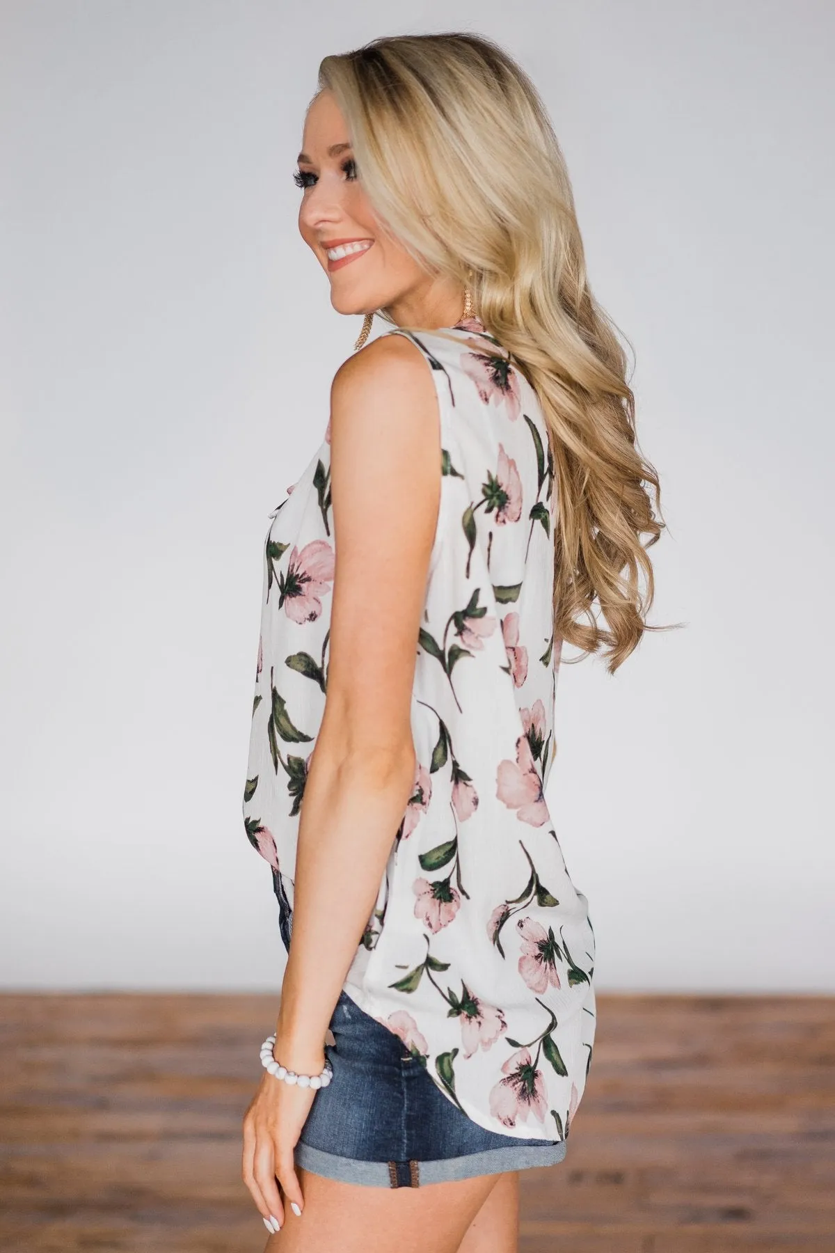 Floral Finesse Neck Tie Tank Top- Ivory