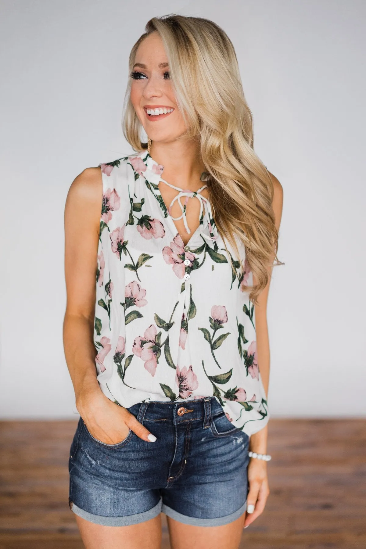 Floral Finesse Neck Tie Tank Top- Ivory