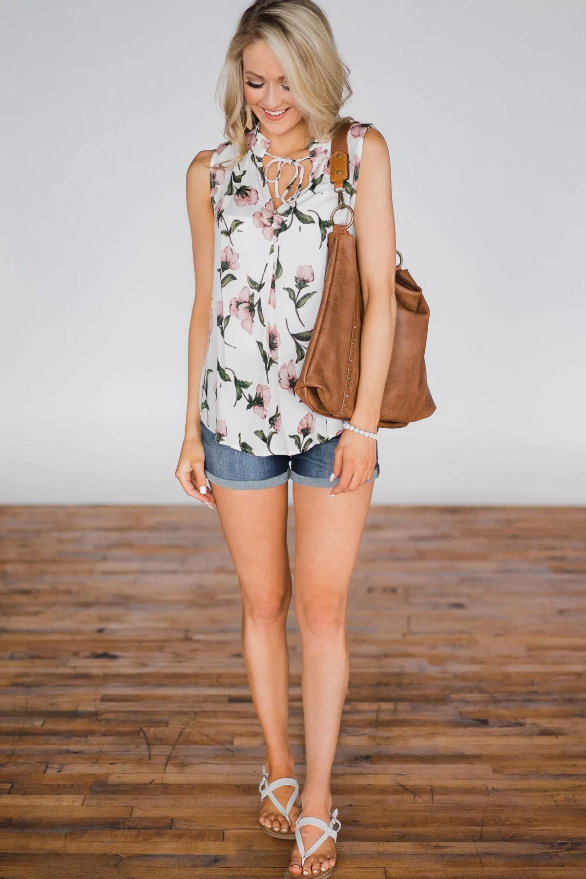 Floral Finesse Neck Tie Tank Top- Ivory