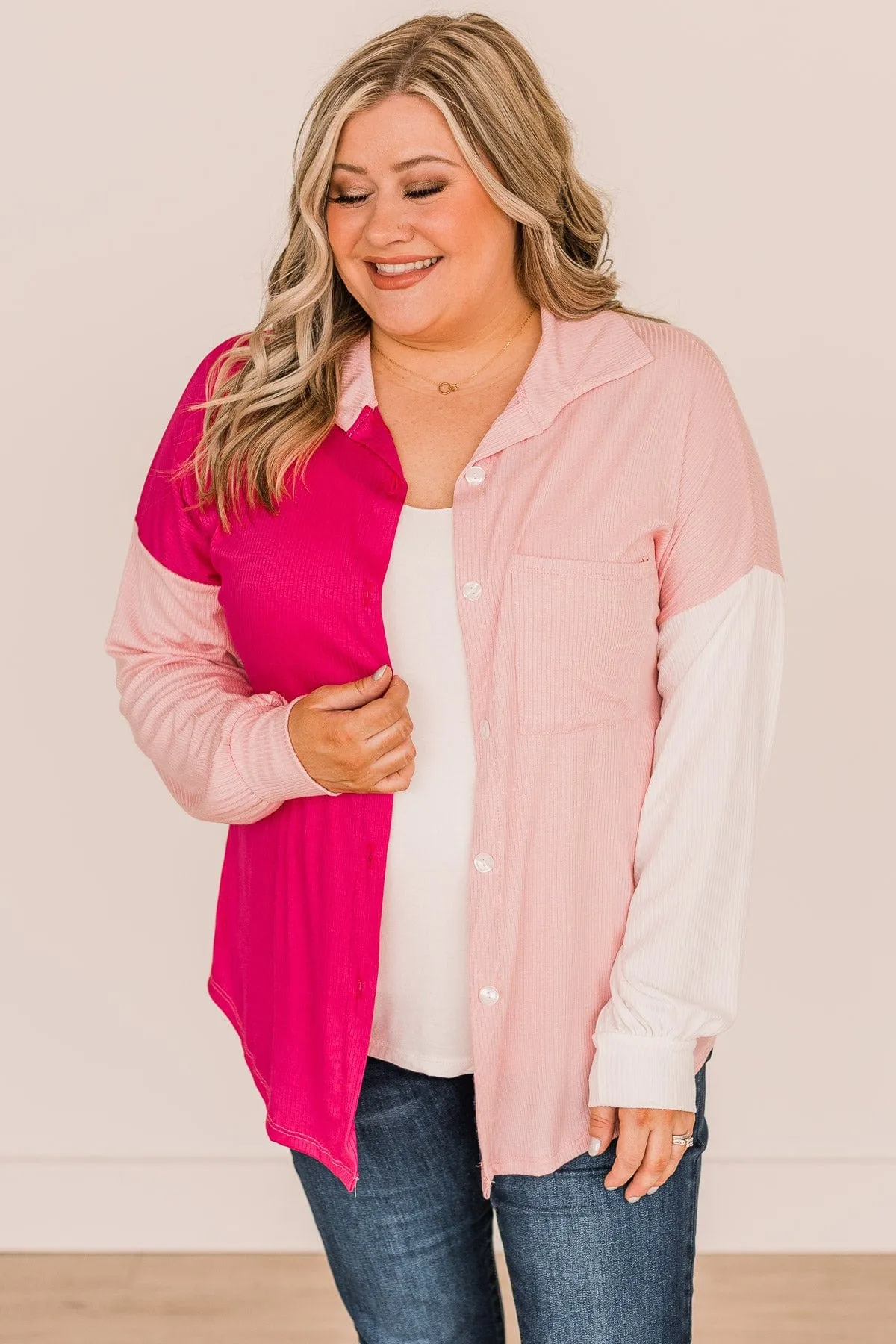 Found My Forever Color Block Button Top- Ivory & Pink