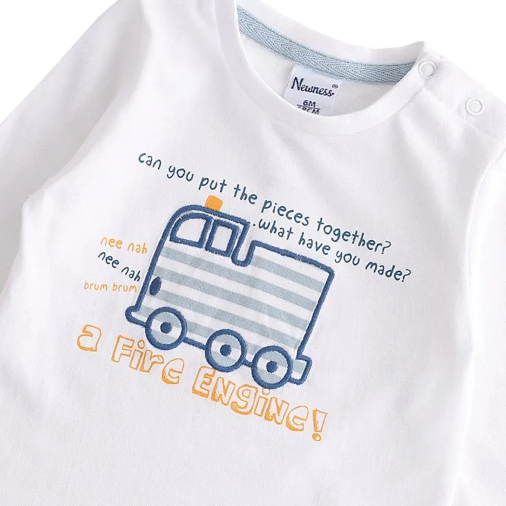Friendly Fire Engine - Long Sleeved White Boys Top with Fire Engine Design
