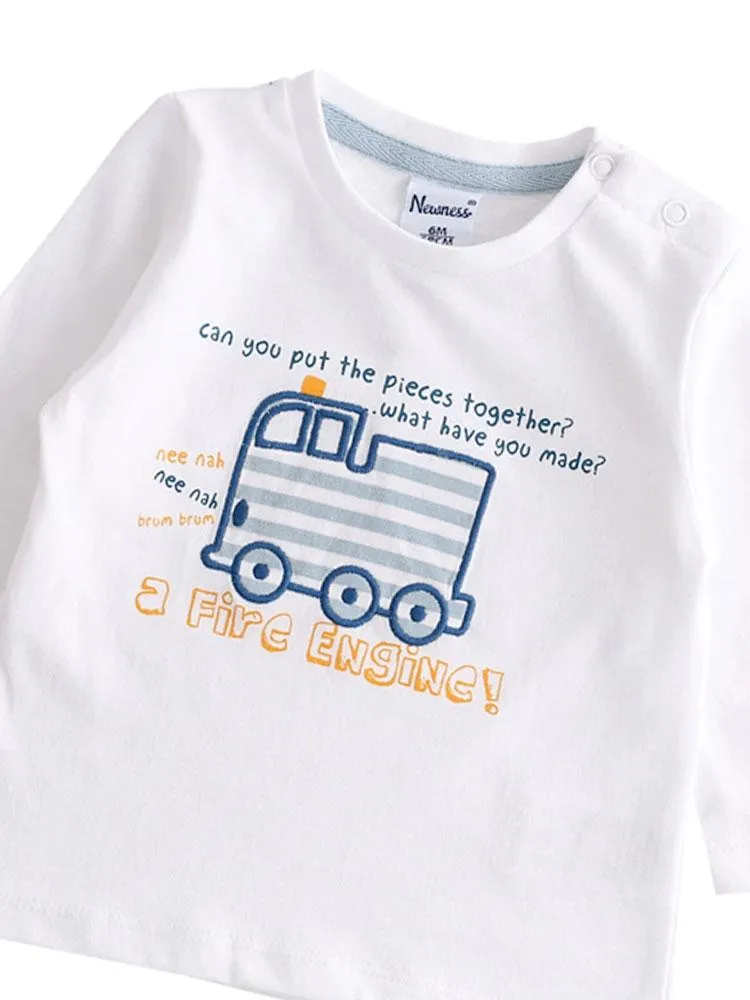 Friendly Fire Engine - Long Sleeved White Boys Top with Fire Engine Design