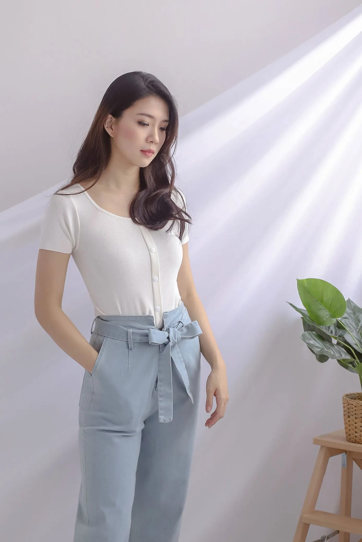 Gem Buttons Square Neck Top In White